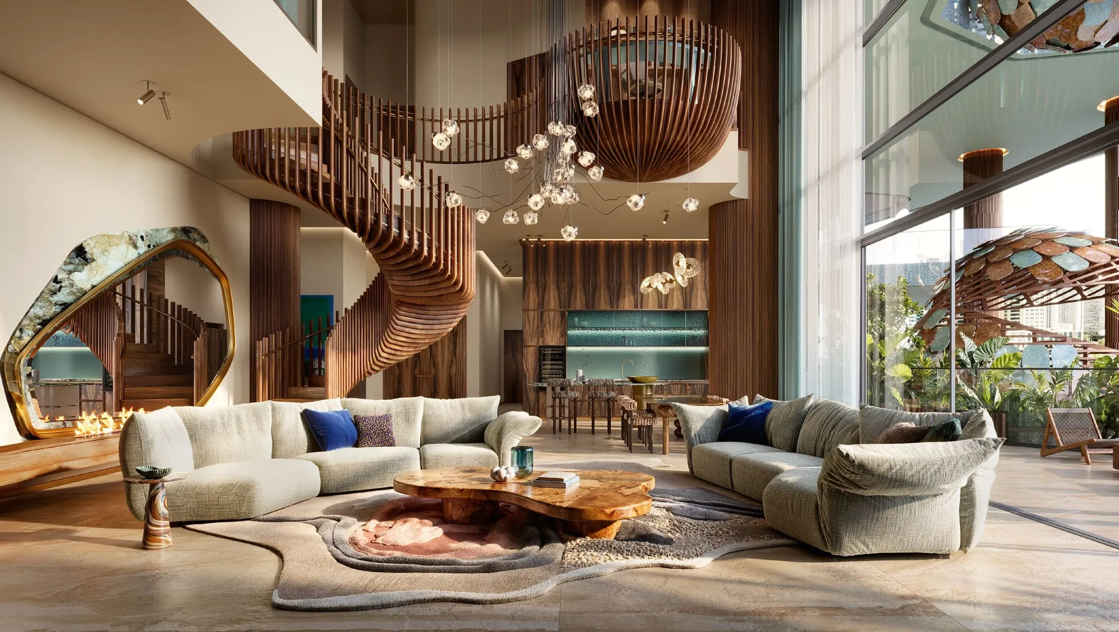 Duplex living room over two levels, with the staircase along the glazed façade.