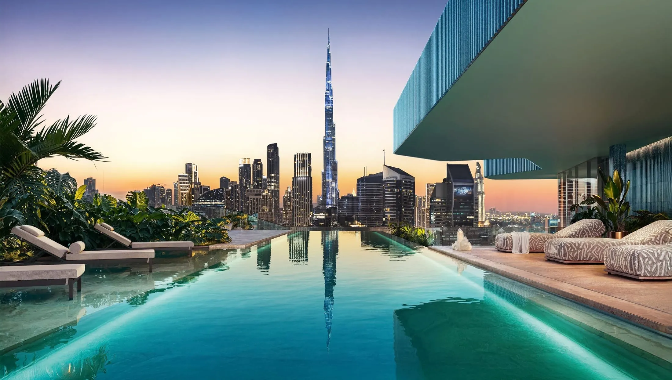 Penthouse terrace on the upper levels, with a private pool above Business Bay.