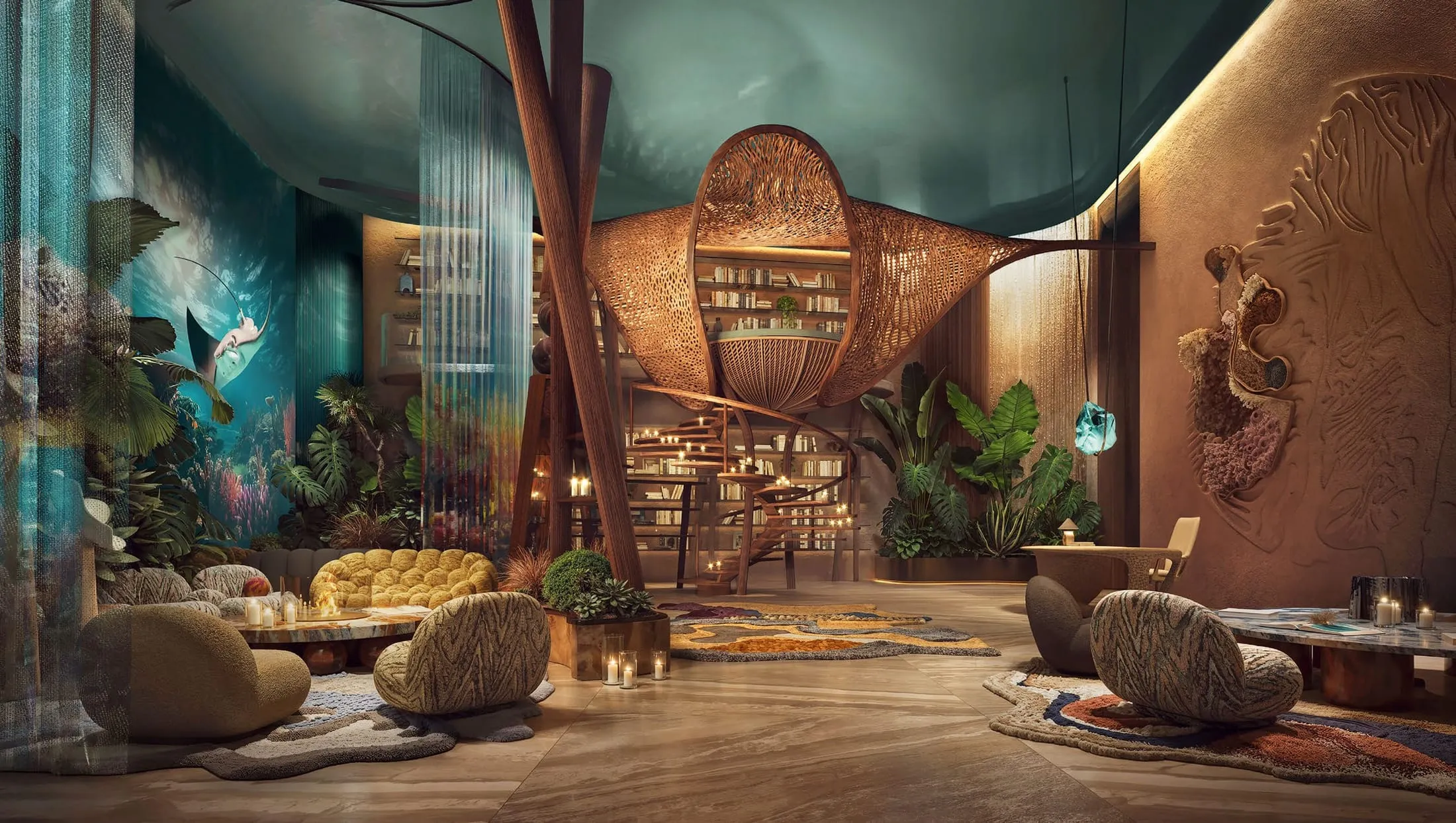 THE LOBBY NEST AND LIBRARY IN THE EVENING — EYWA Way of Water